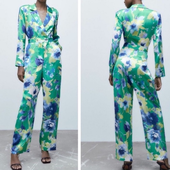 Zara Wide Leg Long Sleeve Green and Blue Floral Print Jumpsuit Size Medium - Picture 1 of 16